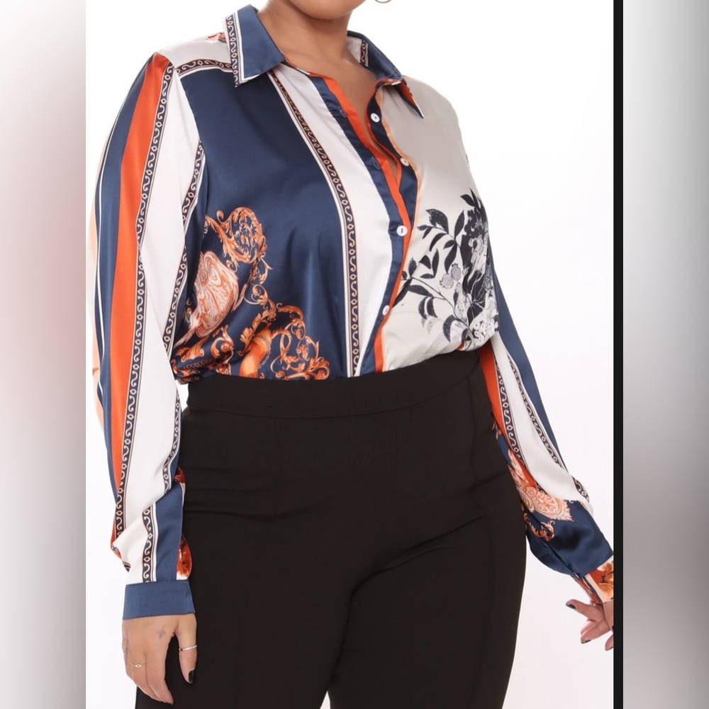 Fashion Nova Navy and Orange Button Down Shirt